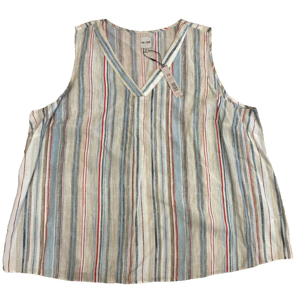 NIC+ZOE Women's Shirt PLUS SIZE 2X Sleeveless Tunic Top Striped Blue Red Tan NWT